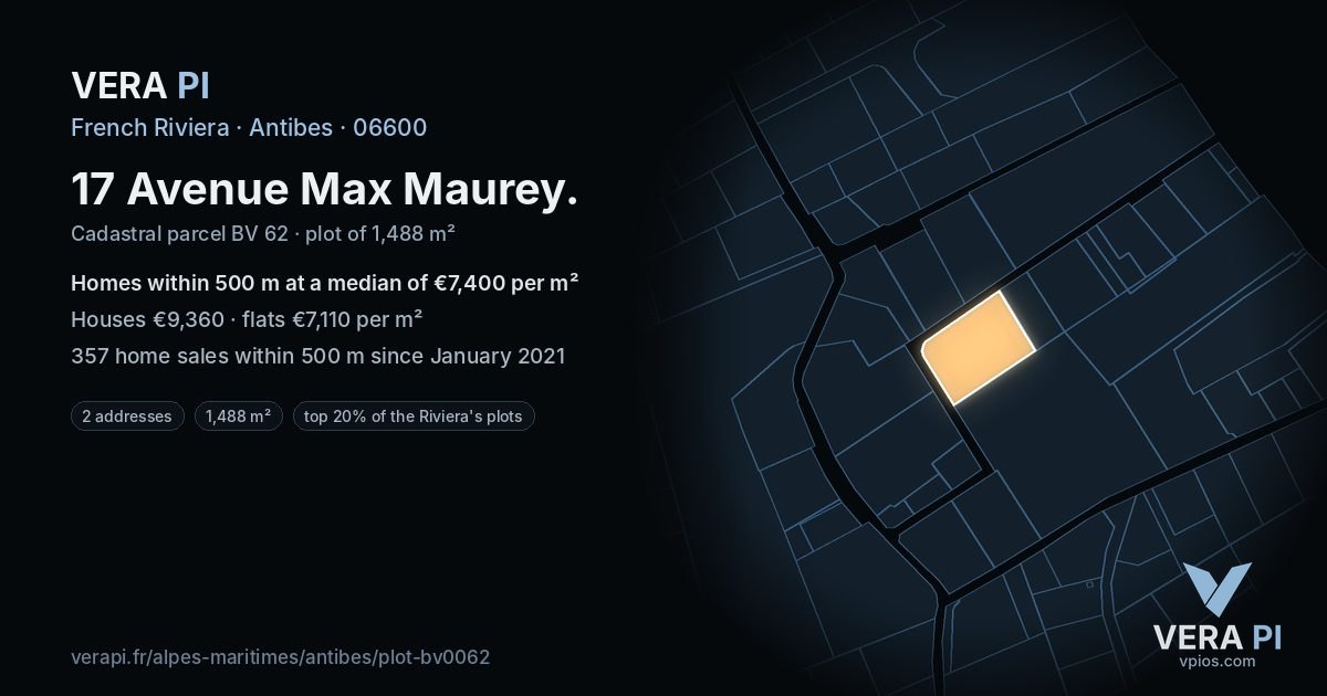 17 Avenue Max Maurey, Antibes at night – the plot lit, the parcels around coloured by the prices near them