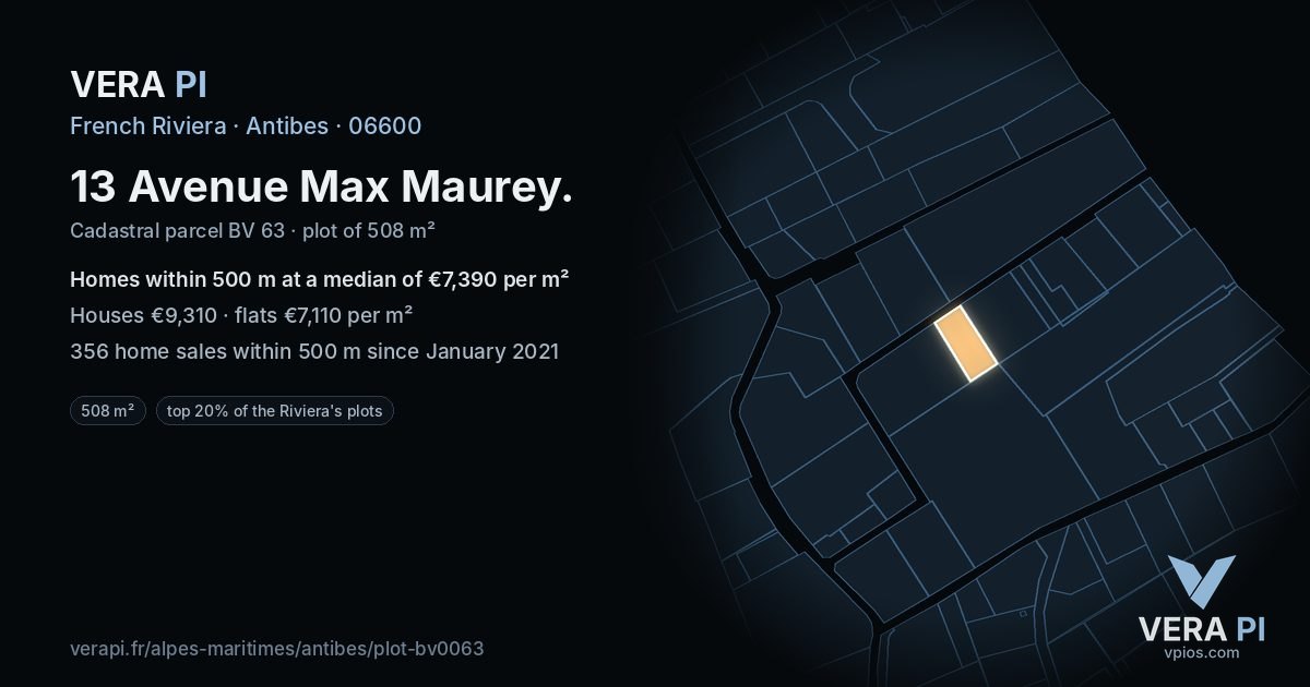 13 Avenue Max Maurey, Antibes at night – the plot lit, the parcels around coloured by the prices near them