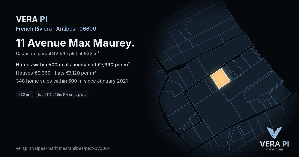 11 Avenue Max Maurey, Antibes at night – the plot lit, the parcels around coloured by the prices near them