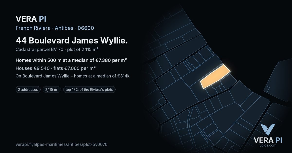 44 Boulevard James Wyllie, Antibes at night – the plot lit, the parcels around coloured by the prices near them