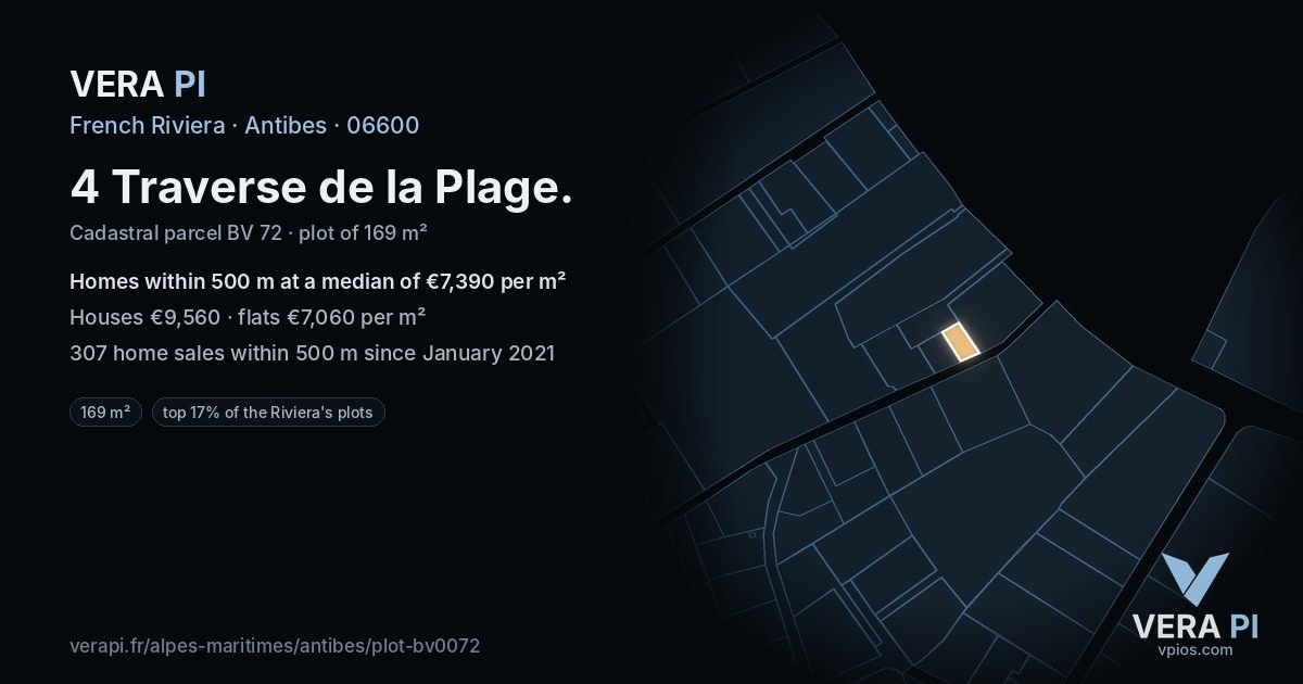 4 Traverse de la Plage, Antibes at night – the plot lit, the parcels around coloured by the prices near them