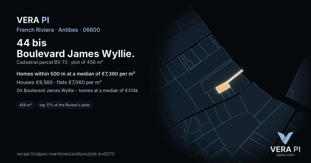 44 bis Boulevard James Wyllie, Antibes at night – the plot lit, the parcels around coloured by the prices near them