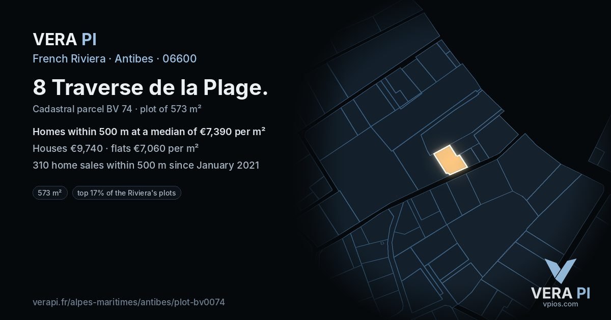 8 Traverse de la Plage, Antibes at night – the plot lit, the parcels around coloured by the prices near them