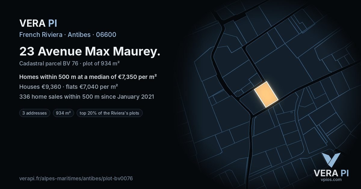 23 Avenue Max Maurey, Antibes at night – the plot lit, the parcels around coloured by the prices near them