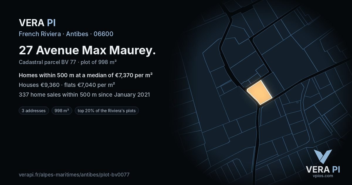27 Avenue Max Maurey, Antibes at night – the plot lit, the parcels around coloured by the prices near them