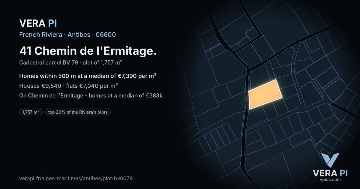 41 Chemin de l'Ermitage, Antibes at night – the plot lit, the parcels around coloured by the prices near them