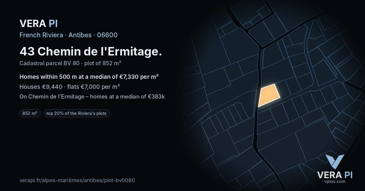 43 Chemin de l'Ermitage, Antibes at night – the plot lit, the parcels around coloured by the prices near them