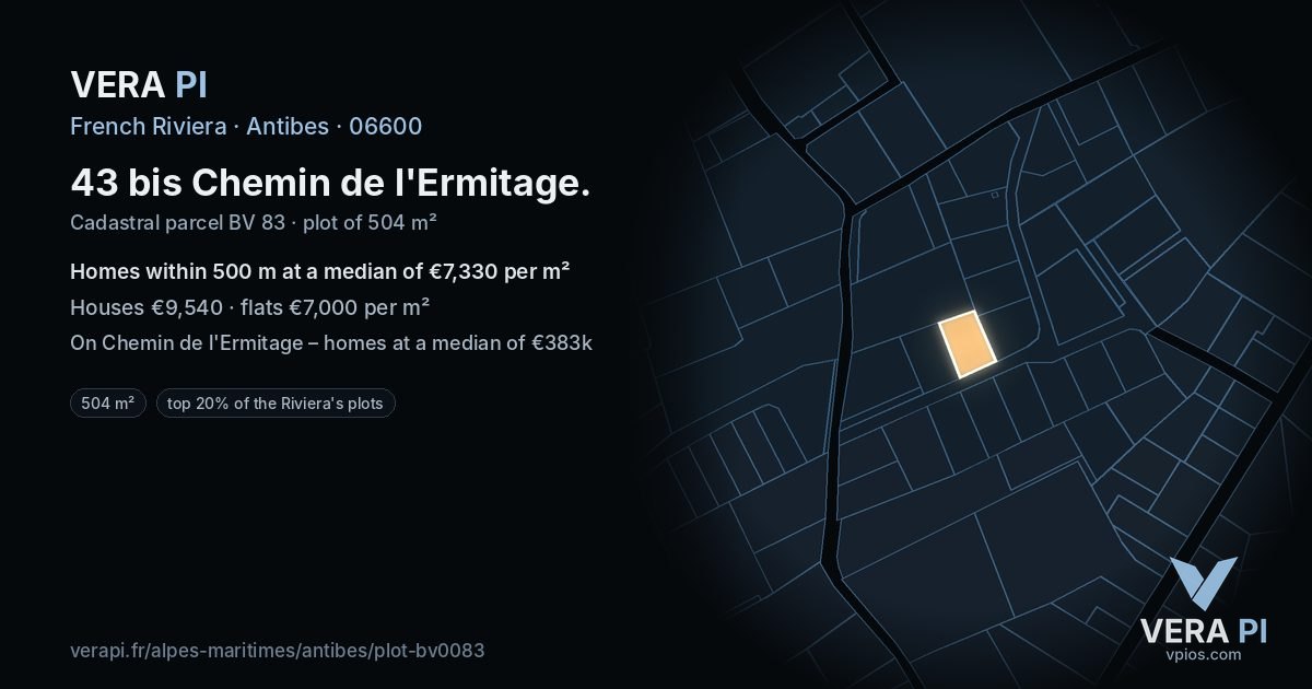 43 bis Chemin de l'Ermitage, Antibes at night – the plot lit, the parcels around coloured by the prices near them