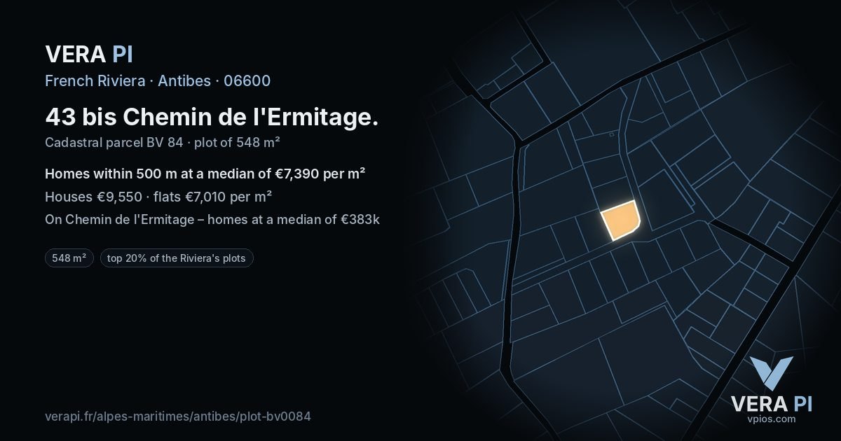 43 bis Chemin de l'Ermitage, Antibes at night – the plot lit, the parcels around coloured by the prices near them