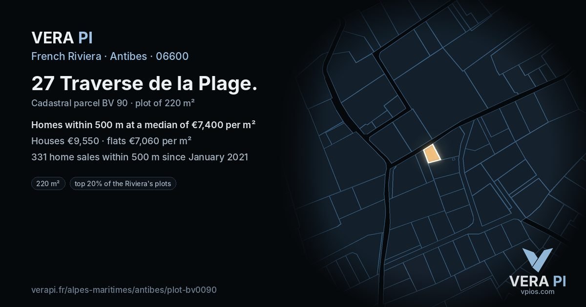 27 Traverse de la Plage, Antibes at night – the plot lit, the parcels around coloured by the prices near them