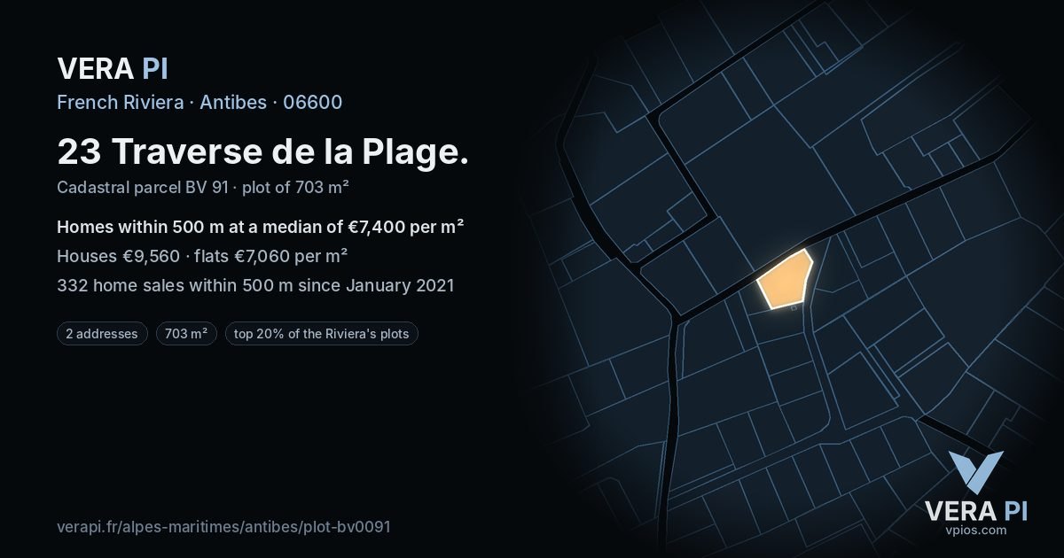 23 Traverse de la Plage, Antibes at night – the plot lit, the parcels around coloured by the prices near them