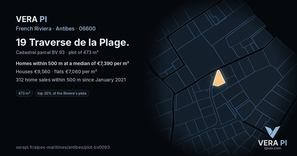 19 Traverse de la Plage, Antibes at night – the plot lit, the parcels around coloured by the prices near them