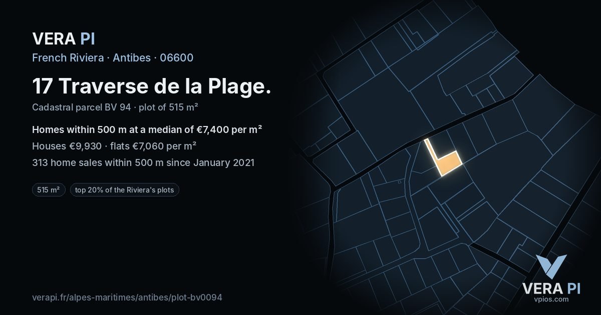 17 Traverse de la Plage, Antibes at night – the plot lit, the parcels around coloured by the prices near them