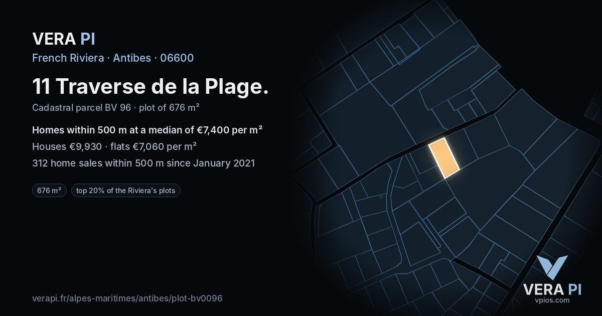11 Traverse de la Plage, Antibes at night – the plot lit, the parcels around coloured by the prices near them