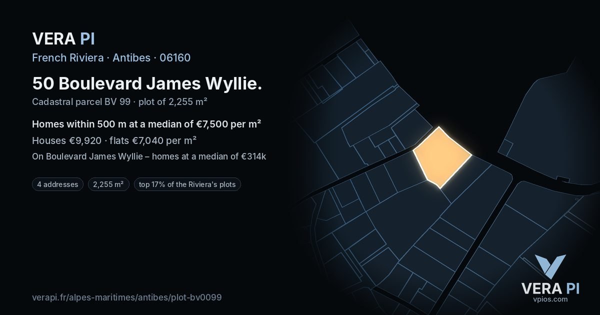 50 Boulevard James Wyllie, Antibes at night – the plot lit, the parcels around coloured by the prices near them