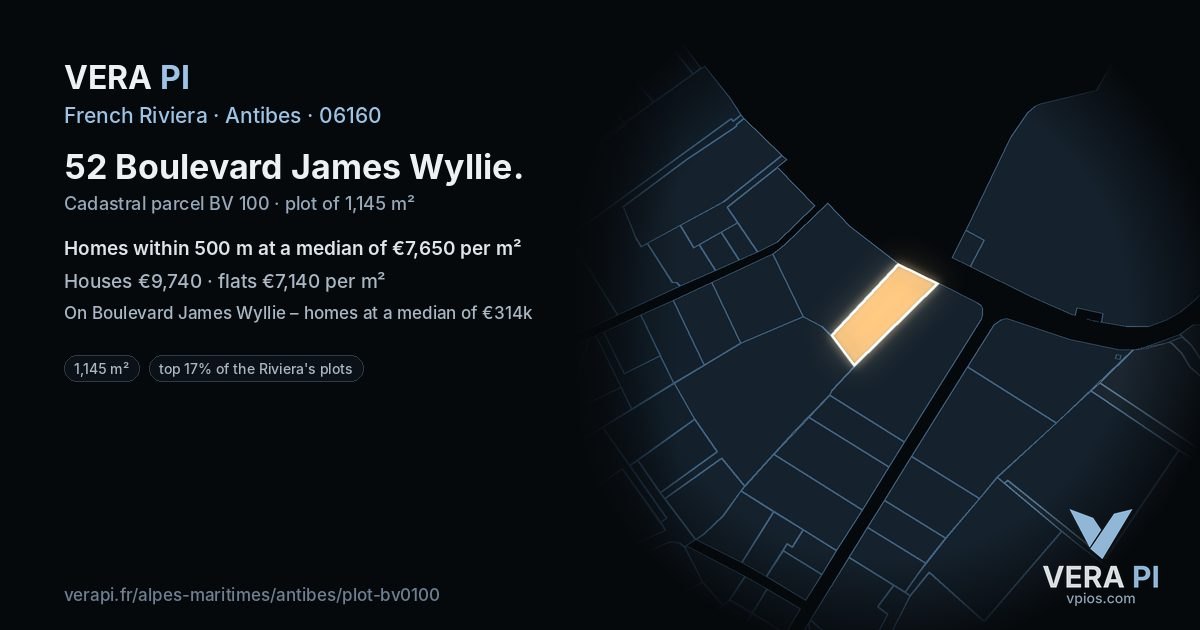 52 Boulevard James Wyllie, Antibes at night – the plot lit, the parcels around coloured by the prices near them