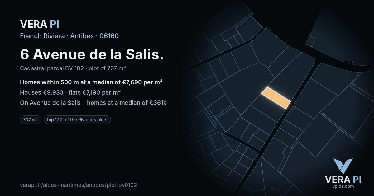 6 Avenue de la Salis, Antibes at night – the plot lit, the parcels around coloured by the prices near them