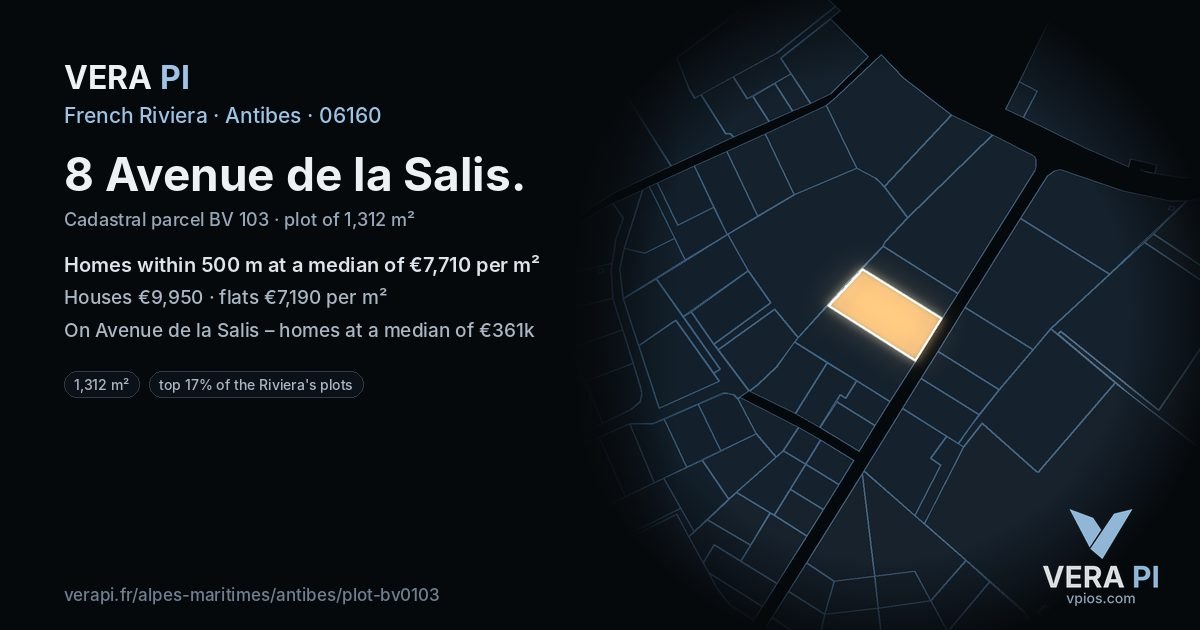 8 Avenue de la Salis, Antibes at night – the plot lit, the parcels around coloured by the prices near them