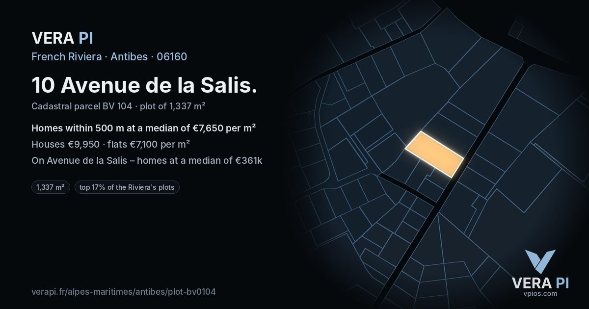 10 Avenue de la Salis, Antibes at night – the plot lit, the parcels around coloured by the prices near them