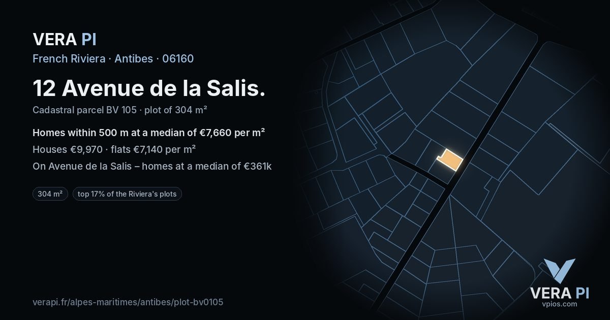 12 Avenue de la Salis, Antibes at night – the plot lit, the parcels around coloured by the prices near them