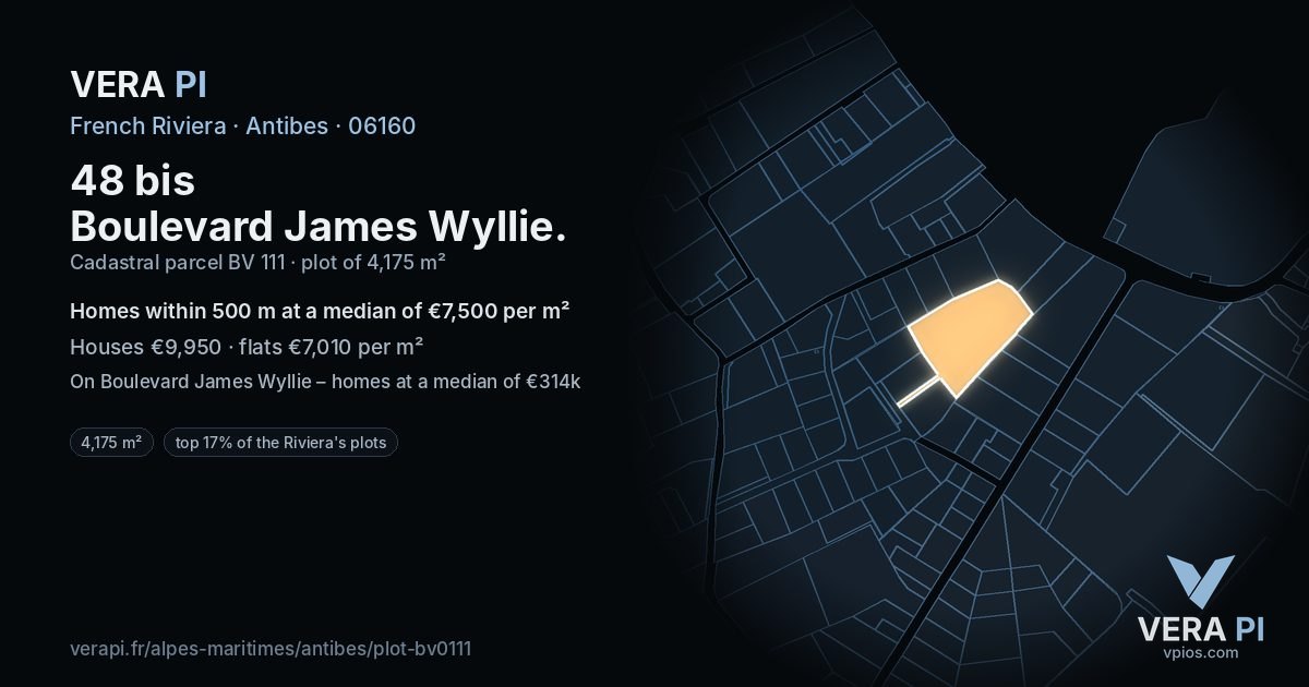 48 bis Boulevard James Wyllie, Antibes at night – the plot lit, the parcels around coloured by the prices near them