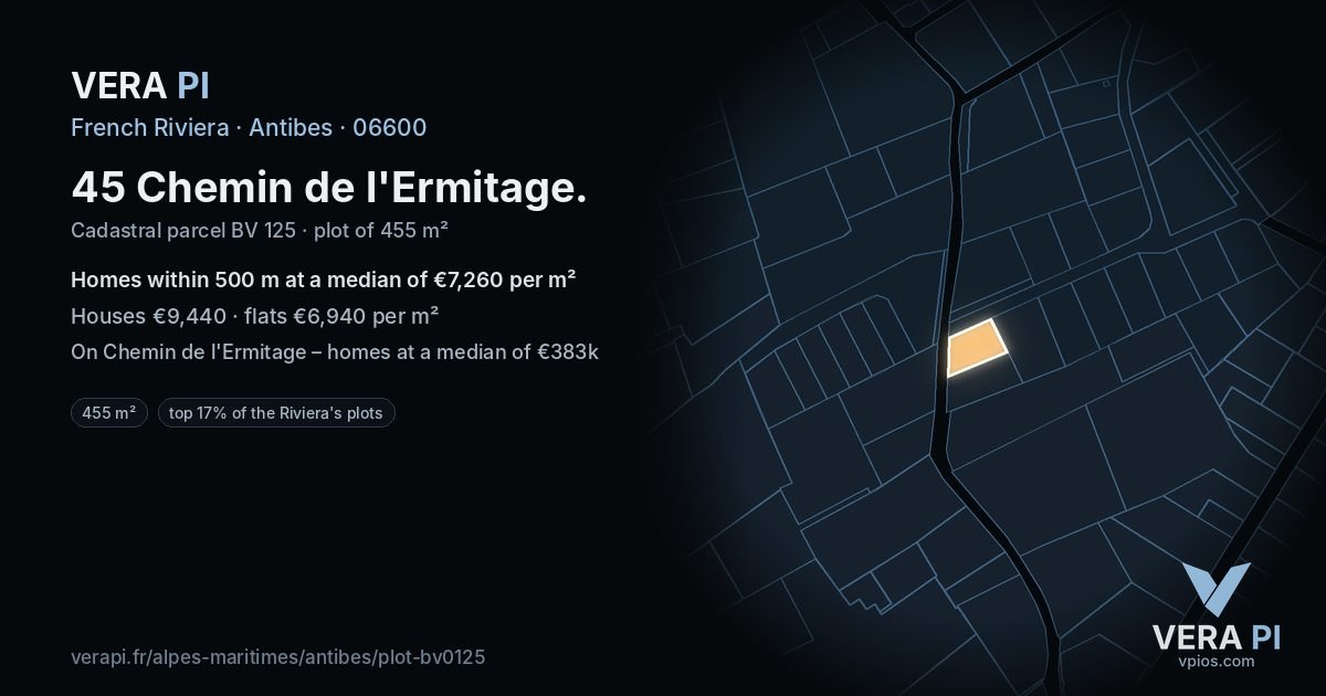 45 Chemin de l'Ermitage, Antibes at night – the plot lit, the parcels around coloured by the prices near them