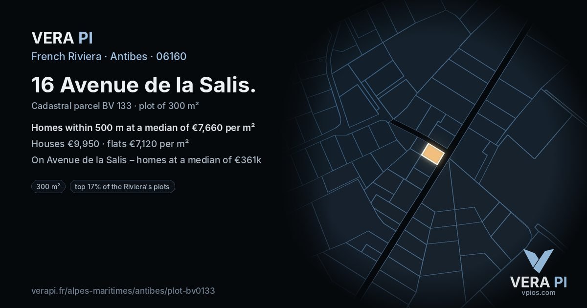 16 Avenue de la Salis, Antibes at night – the plot lit, the parcels around coloured by the prices near them
