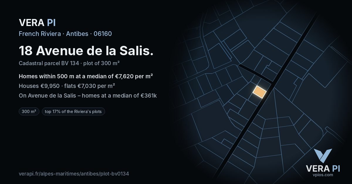 18 Avenue de la Salis, Antibes at night – the plot lit, the parcels around coloured by the prices near them