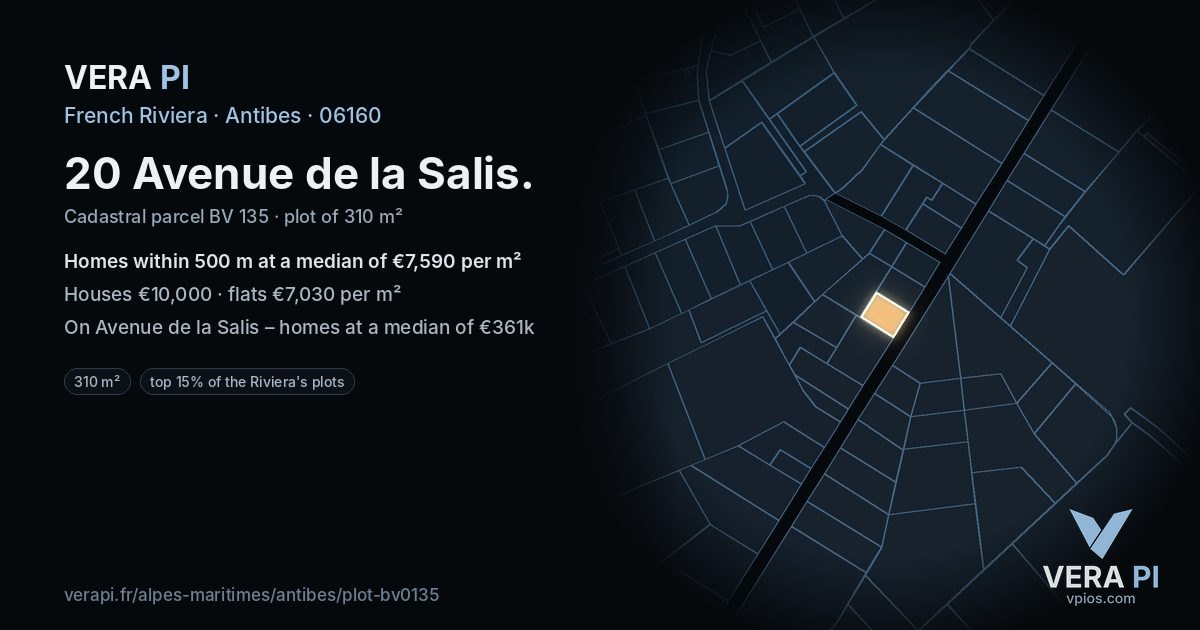 20 Avenue de la Salis, Antibes at night – the plot lit, the parcels around coloured by the prices near them