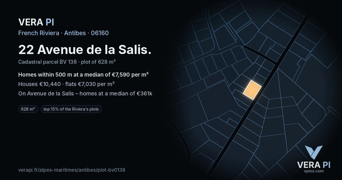 22 Avenue de la Salis, Antibes at night – the plot lit, the parcels around coloured by the prices near them