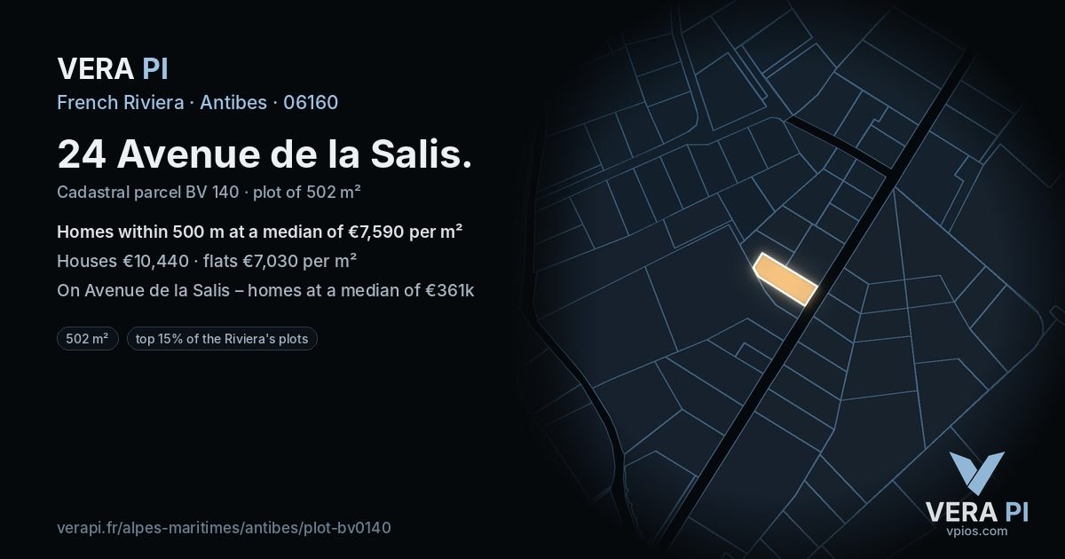24 Avenue de la Salis, Antibes at night – the plot lit, the parcels around coloured by the prices near them