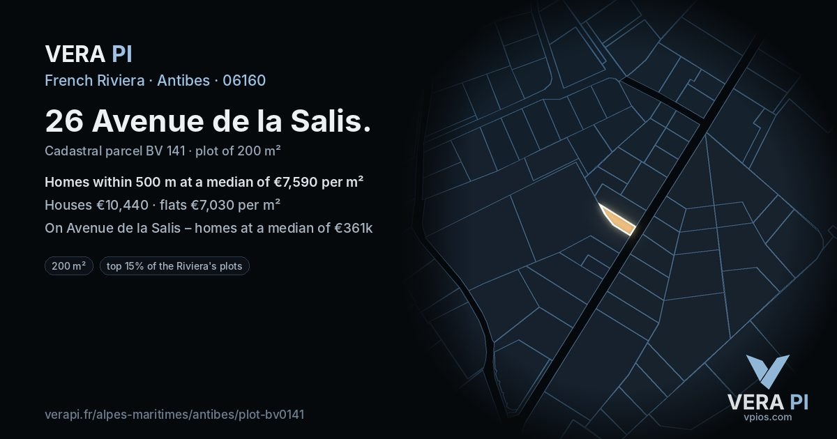 26 Avenue de la Salis, Antibes at night – the plot lit, the parcels around coloured by the prices near them