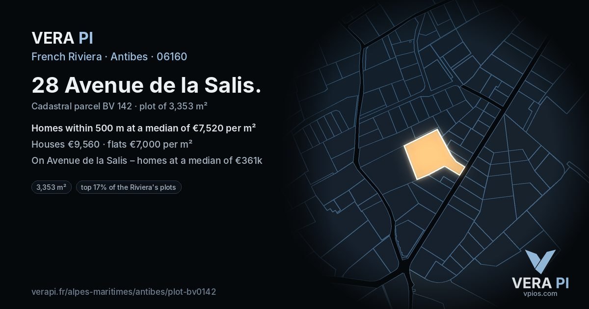 28 Avenue de la Salis, Antibes at night – the plot lit, the parcels around coloured by the prices near them