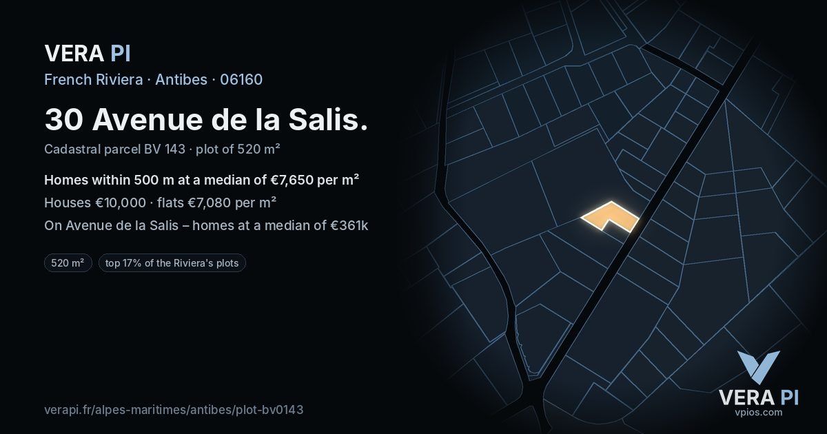 30 Avenue de la Salis, Antibes at night – the plot lit, the parcels around coloured by the prices near them