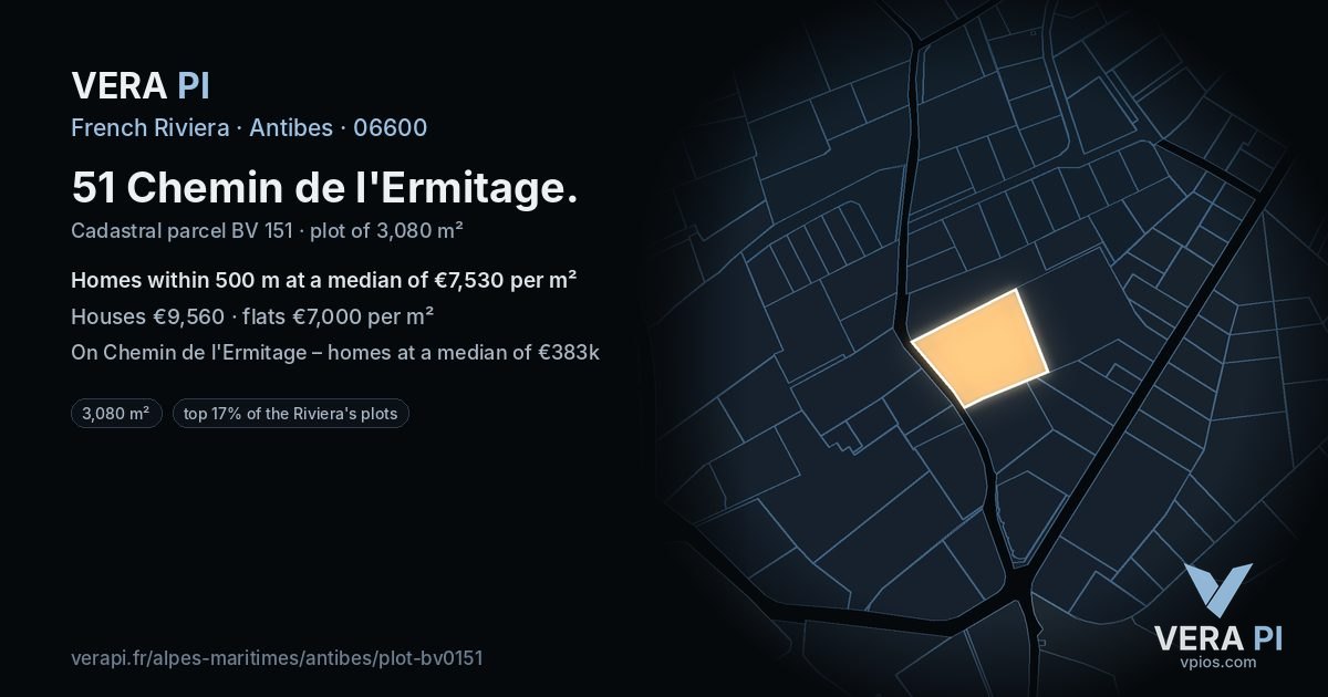 51 Chemin de l'Ermitage, Antibes at night – the plot lit, the parcels around coloured by the prices near them
