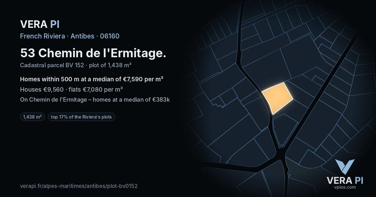 53 Chemin de l'Ermitage, Antibes at night – the plot lit, the parcels around coloured by the prices near them