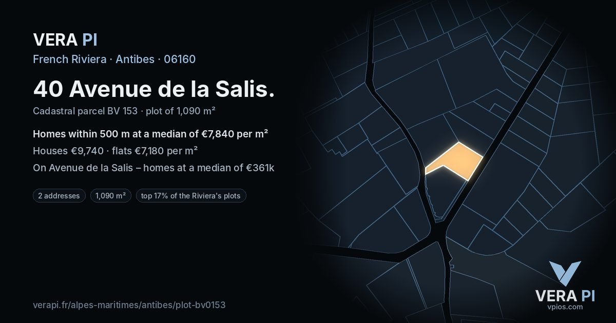 40 Avenue de la Salis, Antibes at night – the plot lit, the parcels around coloured by the prices near them
