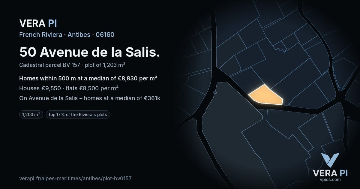 50 Avenue de la Salis, Antibes at night – the plot lit, the parcels around coloured by the prices near them
