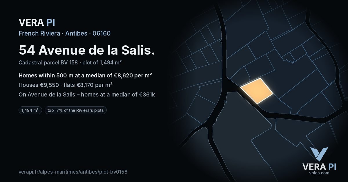 54 Avenue de la Salis, Antibes at night – the plot lit, the parcels around coloured by the prices near them