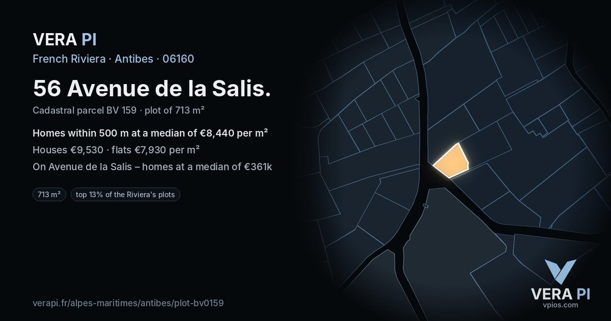56 Avenue de la Salis, Antibes at night – the plot lit, the parcels around coloured by the prices near them