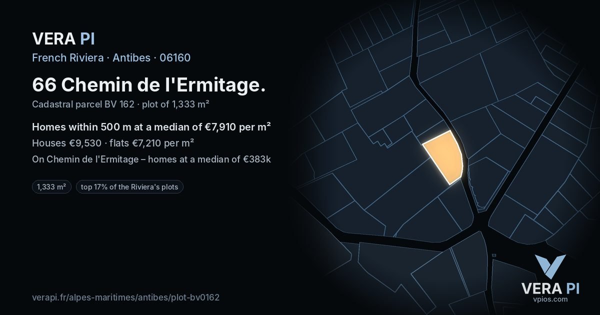 66 Chemin de l'Ermitage, Antibes at night – the plot lit, the parcels around coloured by the prices near them
