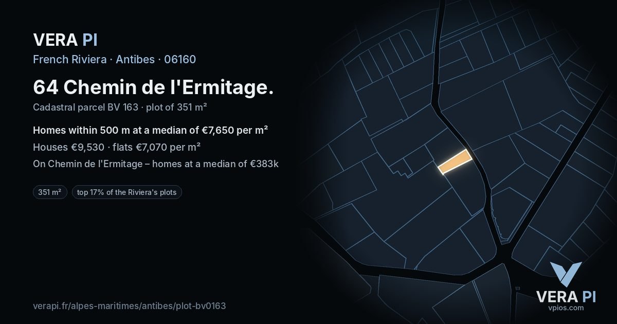 64 Chemin de l'Ermitage, Antibes at night – the plot lit, the parcels around coloured by the prices near them