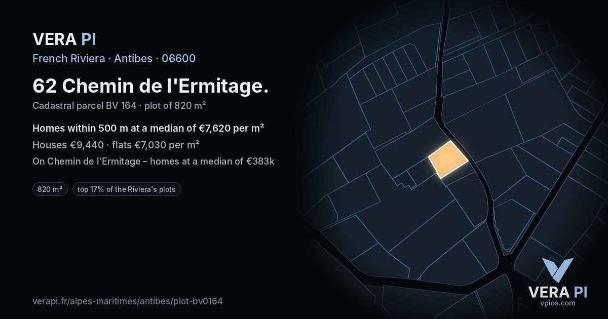 62 Chemin de l'Ermitage, Antibes at night – the plot lit, the parcels around coloured by the prices near them