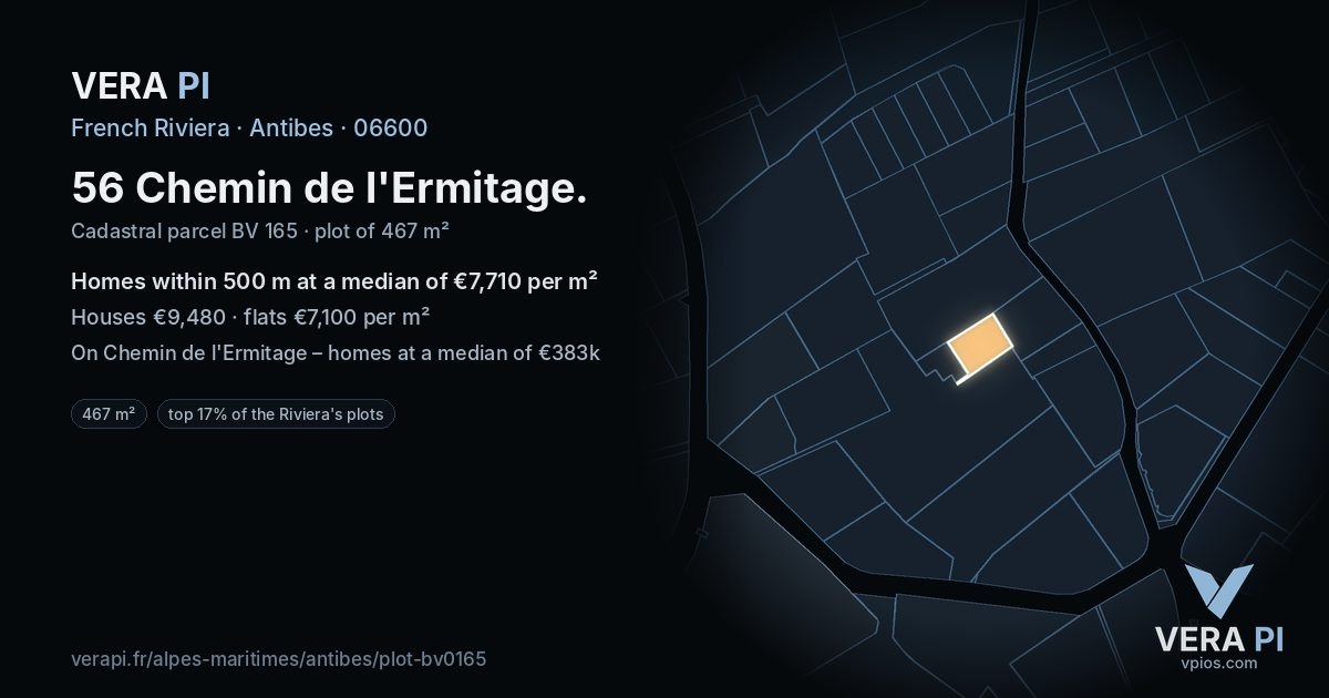 56 Chemin de l'Ermitage, Antibes at night – the plot lit, the parcels around coloured by the prices near them