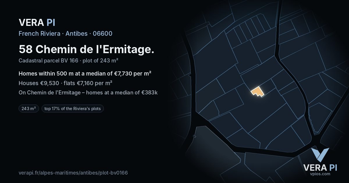 58 Chemin de l'Ermitage, Antibes at night – the plot lit, the parcels around coloured by the prices near them