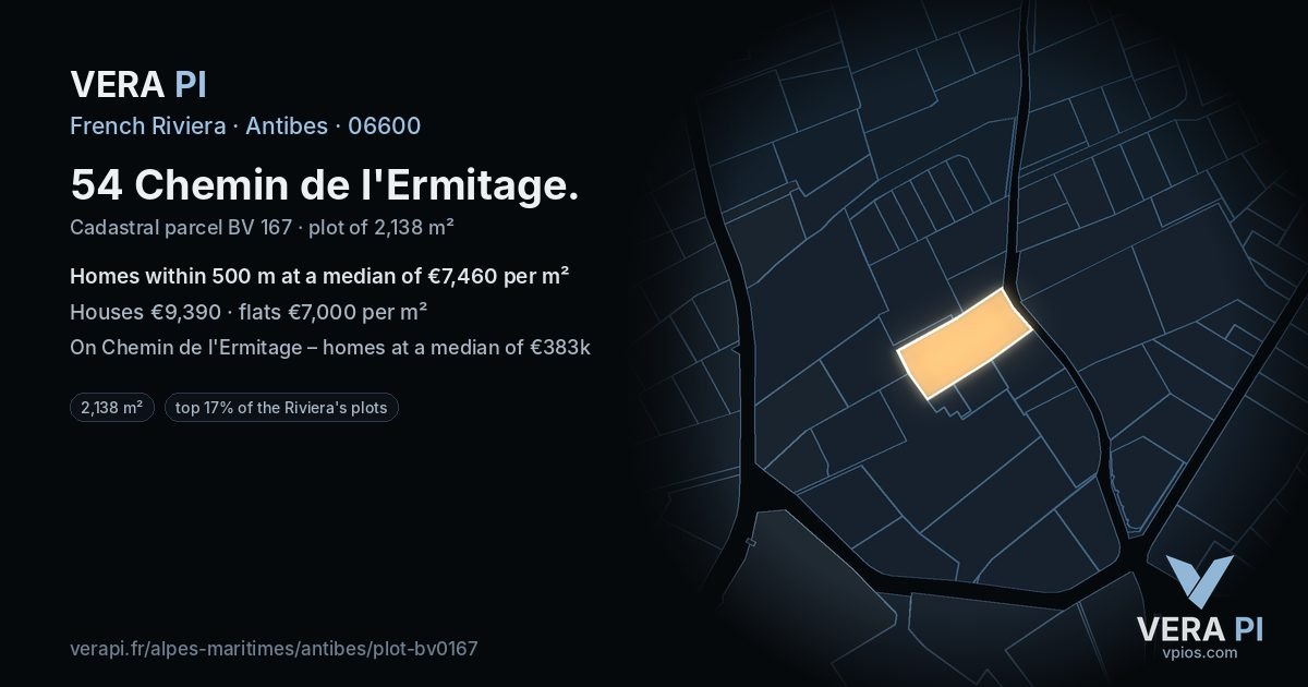 54 Chemin de l'Ermitage, Antibes at night – the plot lit, the parcels around coloured by the prices near them