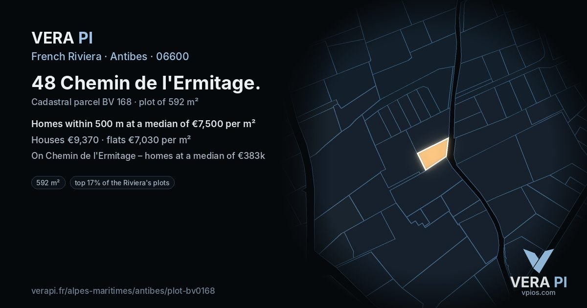 48 Chemin de l'Ermitage, Antibes at night – the plot lit, the parcels around coloured by the prices near them