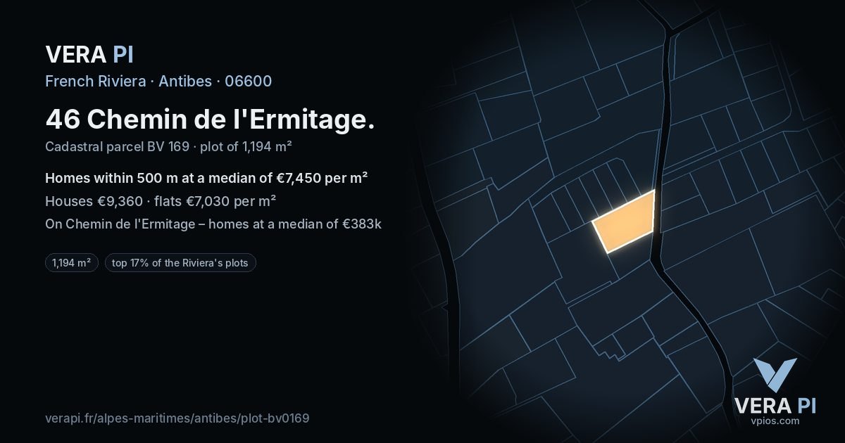 46 Chemin de l'Ermitage, Antibes at night – the plot lit, the parcels around coloured by the prices near them