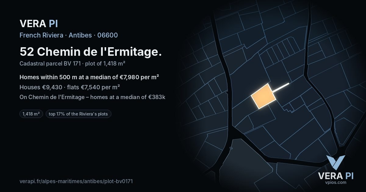 52 Chemin de l'Ermitage, Antibes at night – the plot lit, the parcels around coloured by the prices near them