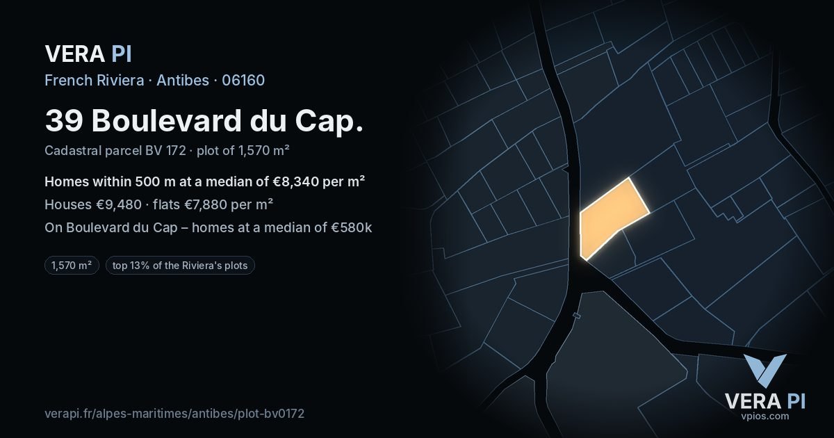 39 Boulevard du Cap, Antibes at night – the plot lit, the parcels around coloured by the prices near them